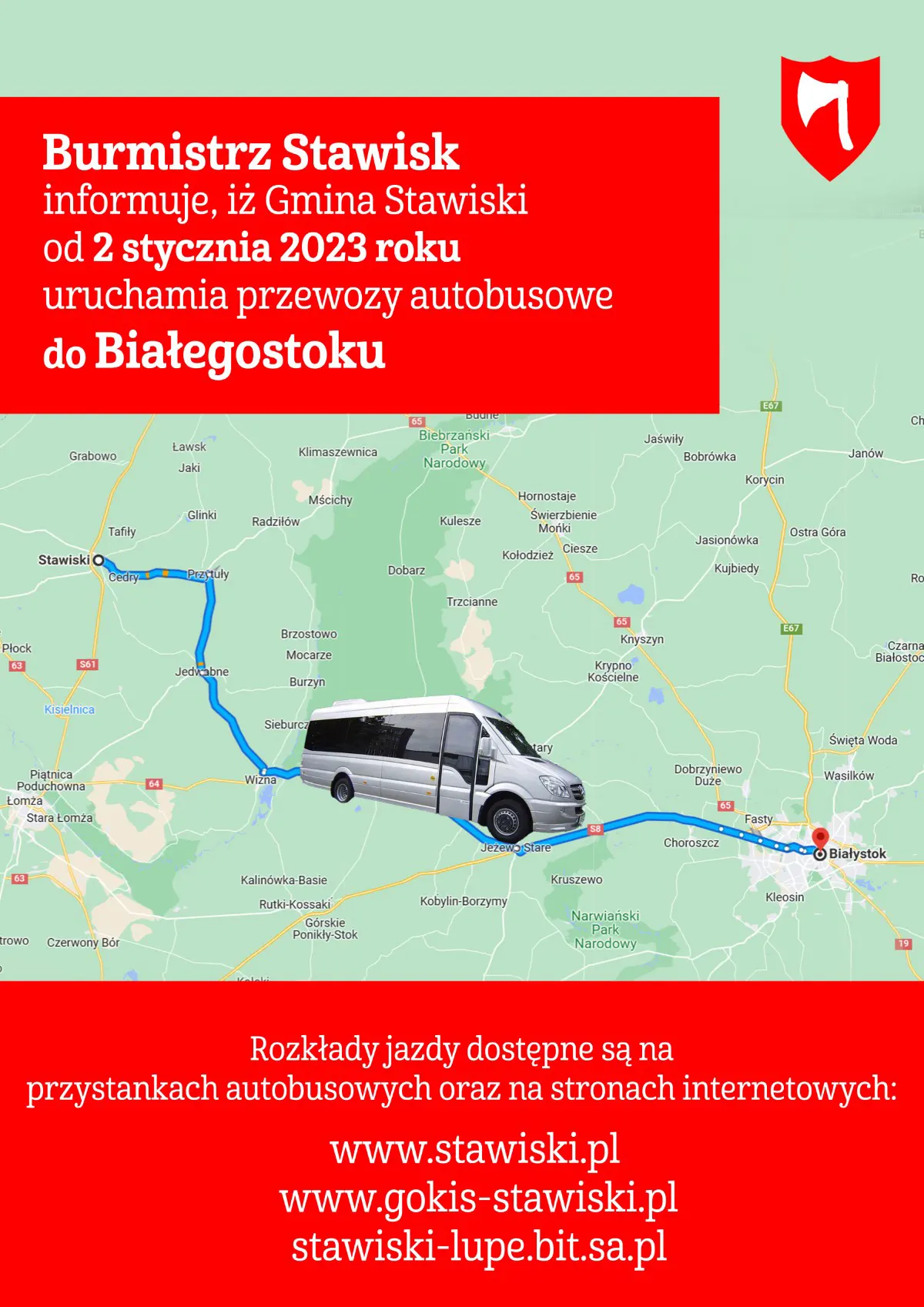 Plakat promujący nowe połączenie autobusowe ze Stawisk do Białegostoku