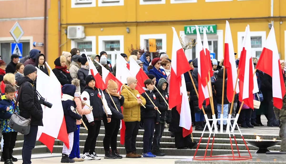 Mieszkańcy na obchodach święta odzyskania niepodległości w parku, z flagami i kotylionami