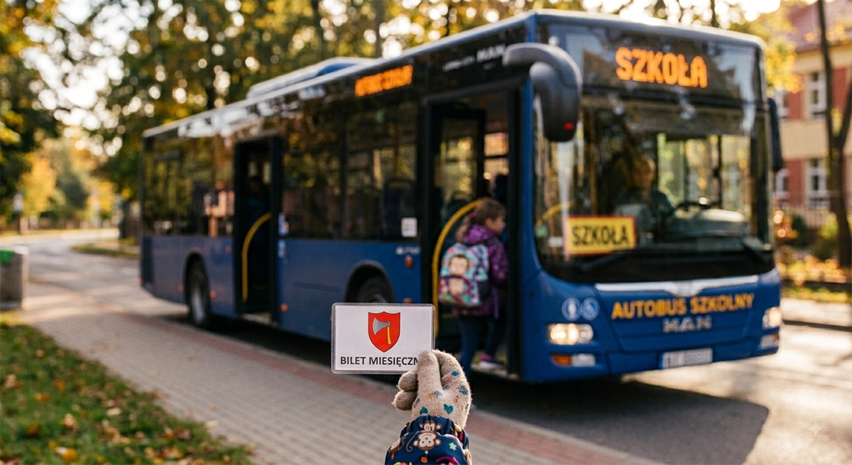 dziecko trzyma bilet miesięczny na tle autobusu (wygenerowano za pomocą AI)
